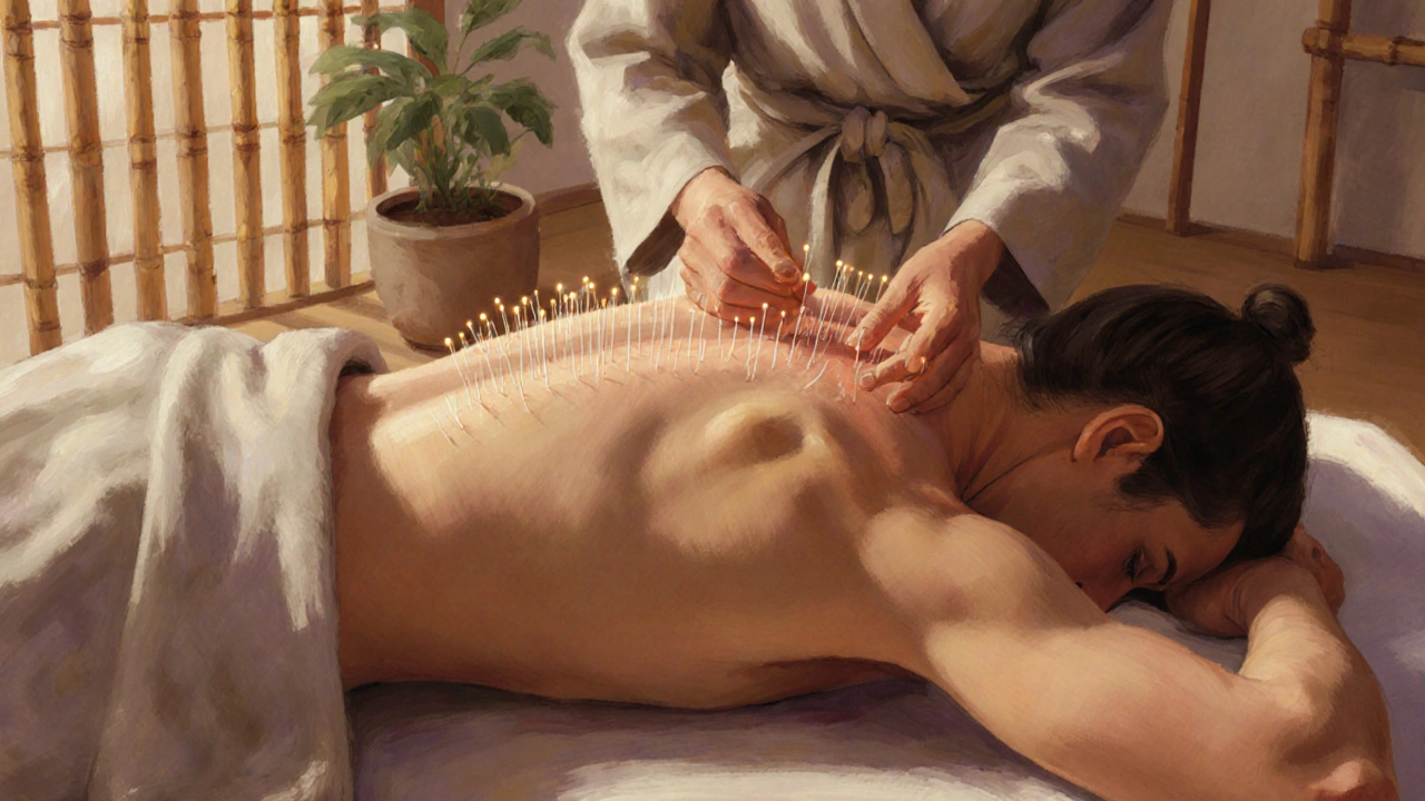 Akupunkturní sezení – practitioner vkládá jehličky do zad ležícího pacienta.