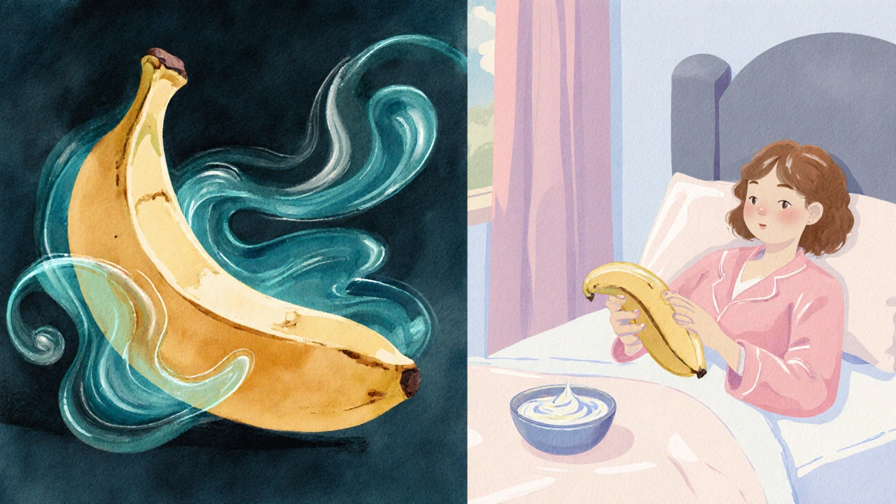 Akvarelová ilustrace rozdělená na banán s vitamíny a osobu v pyžamu s jogurtem.