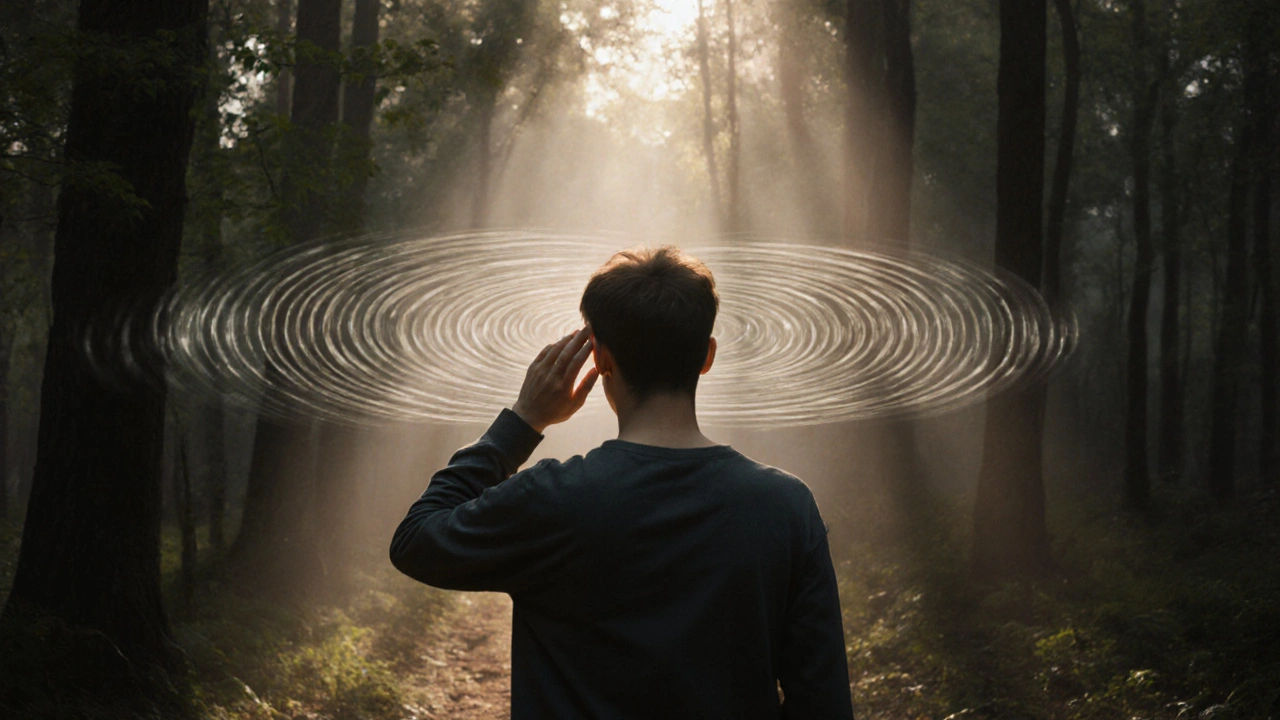 Člověk prochází lesem, kde zvonění v uších přeměňuje v klidné vlny a mlhu.