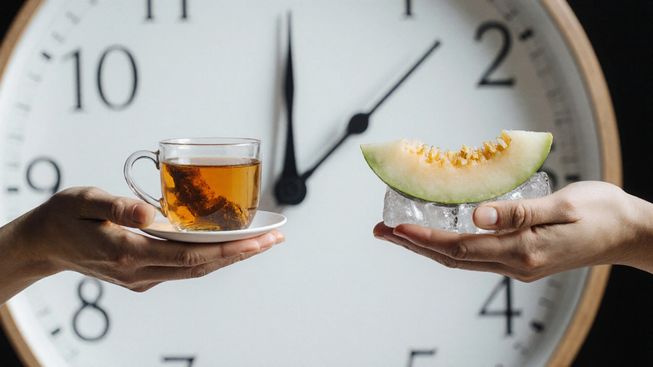 Dvě ruce držíce teplý čaj a studený meloun, symbolizující rovnováhu yin a yang.