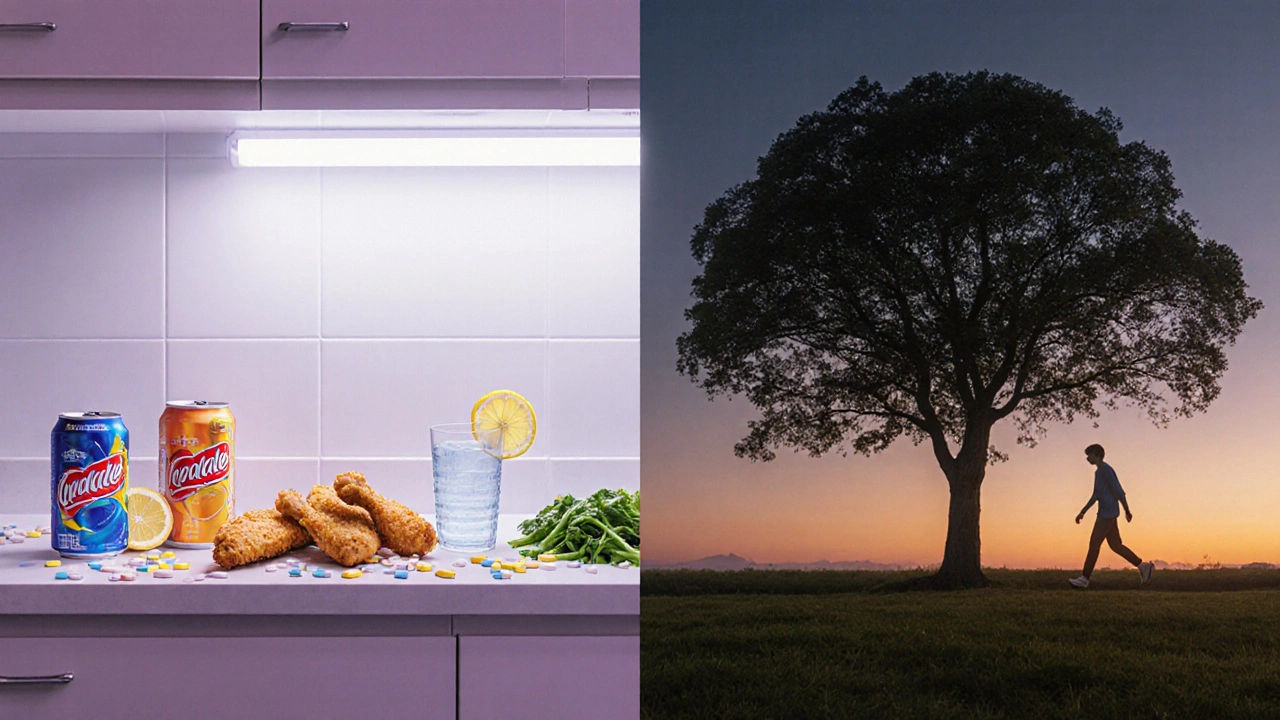 Dvě strany kuchyně: škodlivé potraviny vlevo, zdravé potraviny a procházka vpravo.