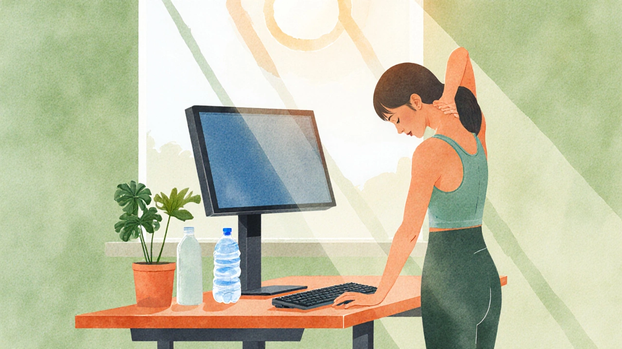 Ergonomické pracoviště s monitorem ve výšce očí, vodou a člověkem protahujícím krk během přestávky.