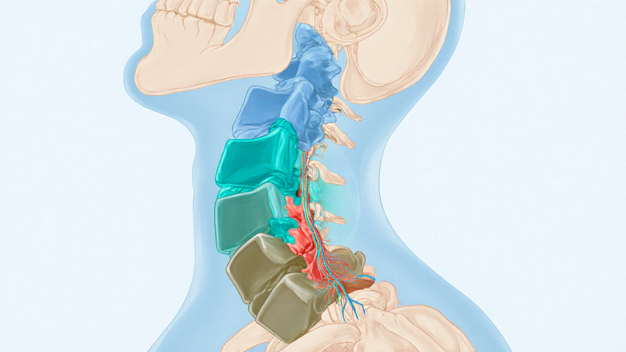Ilustrace páteře s vyznačenými skoliózou, vyhřezlou ploténkou a zánětem kloubů.