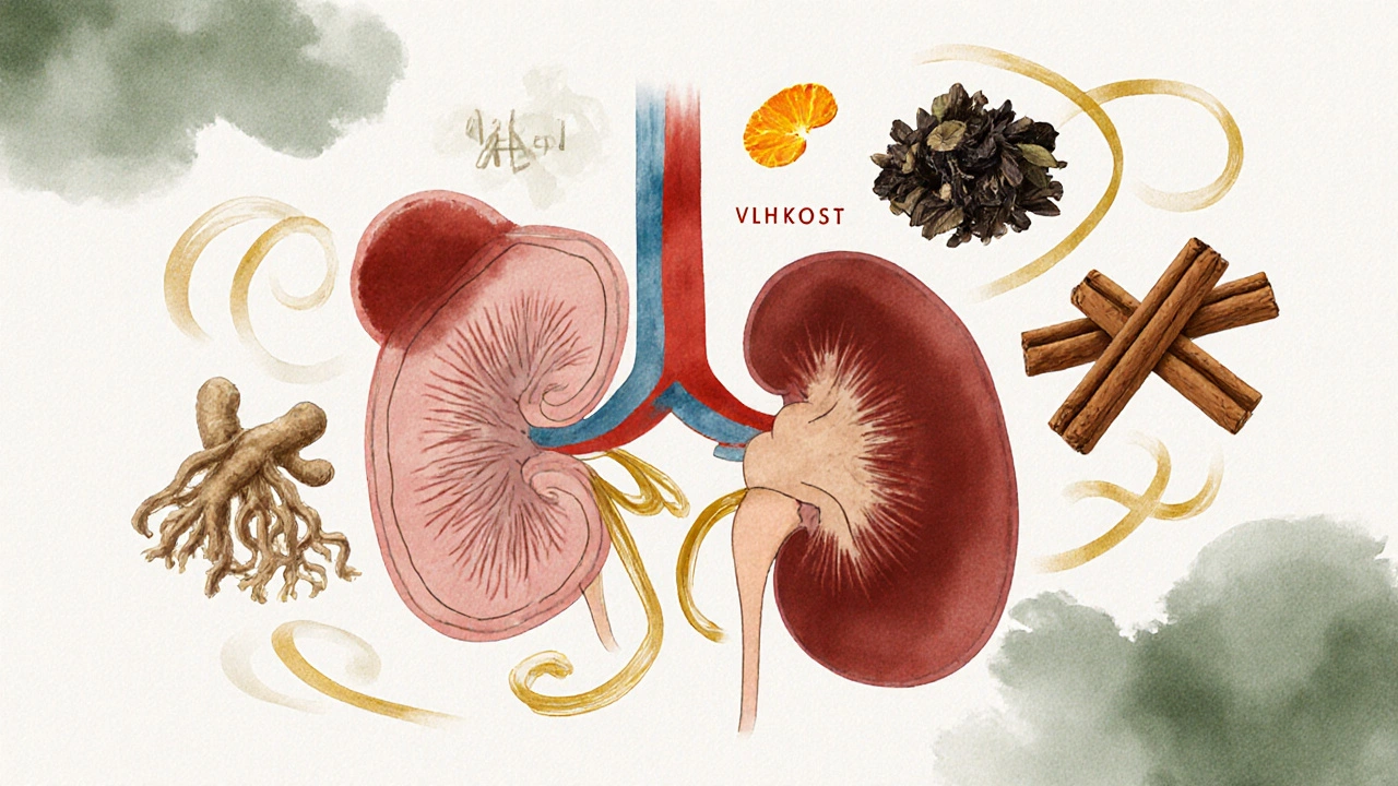Ilustrace tradiční čínské medicíny s vizualizací sleziny, ledvin, qi, vlhkosti a bylin.