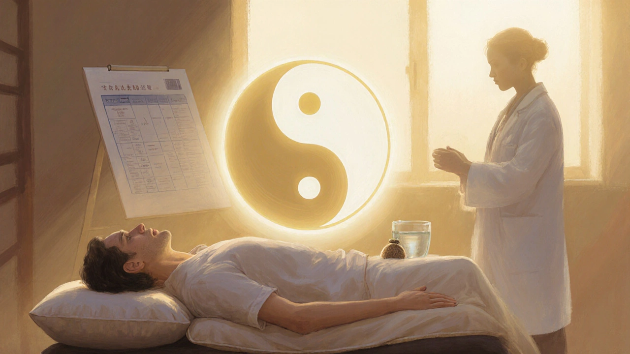 Klidný pacient po sezení, s jemným symbolem yin‑yang a náznakem západní medicíny v pozadí.