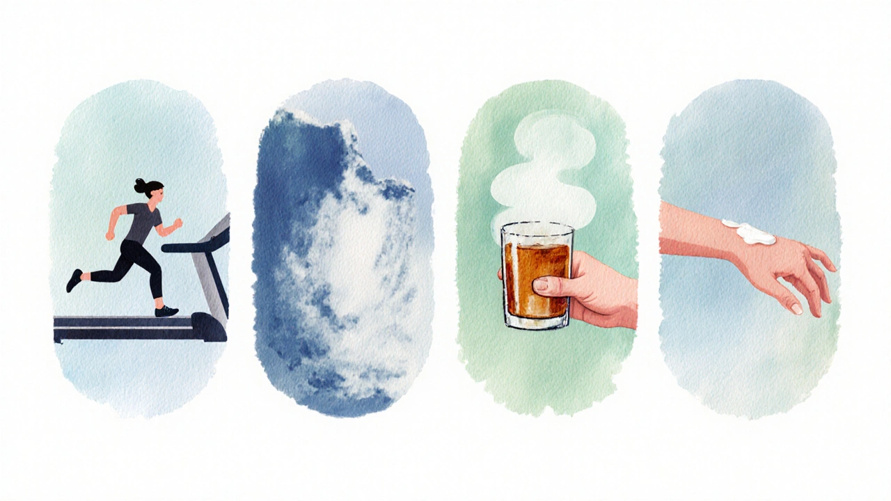 Koláž zakázaných činností po masáži: intenzivní cvičení, horká sprcha, alkohol, silně parfémované krémy.