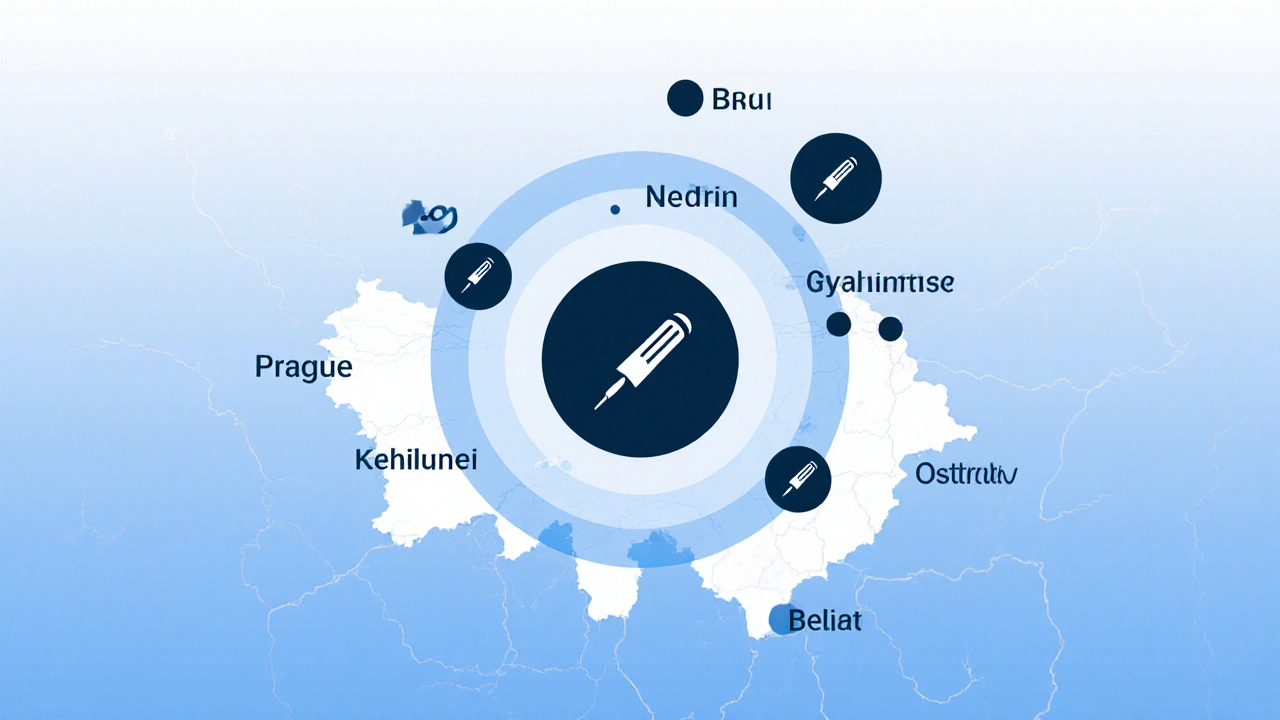 Mapa ČR s kruhy u Prahy, Brna, Ostravy a menších měst, znázorňující různé cenové úrovně akupunktury.