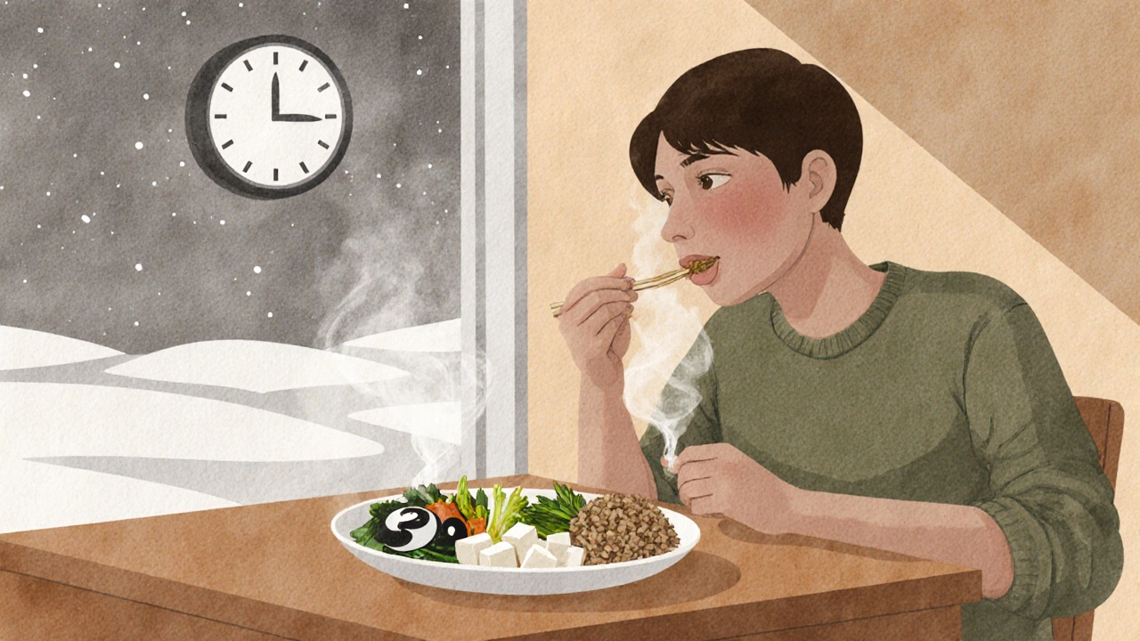 Osoba jedící vyvážené jídlo s tofu a vařenou zeleninou ve dne, při světle z okna.