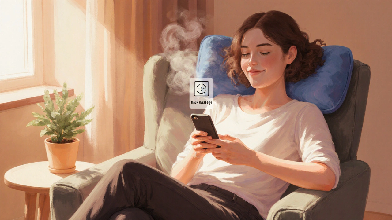 Pastelová malba osoby po práci, připomínající masáž zad, s teplým obkladem na ramenou.