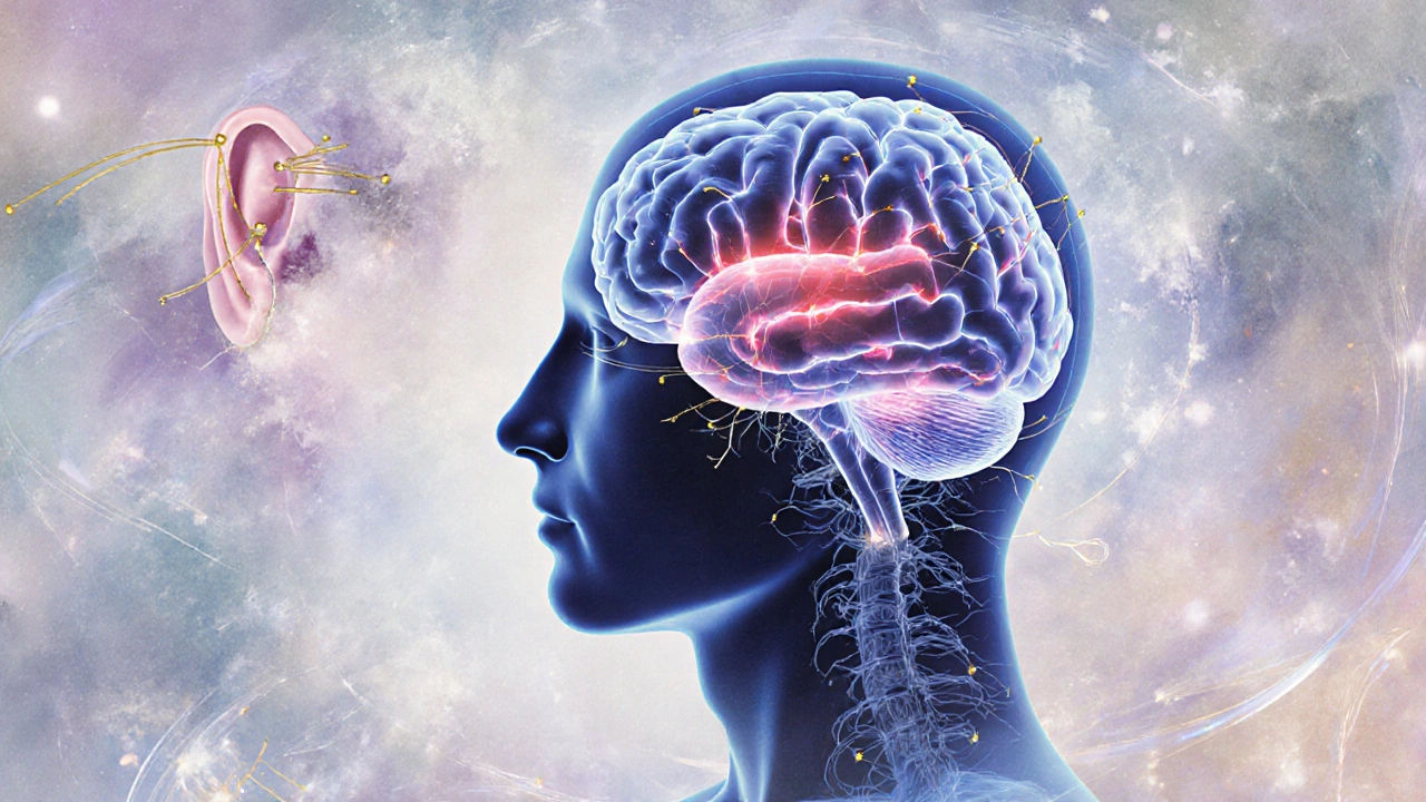 Přehled lidského mozku s akupunkturou spojující ucho, čelist a ruku zlatými cestami.