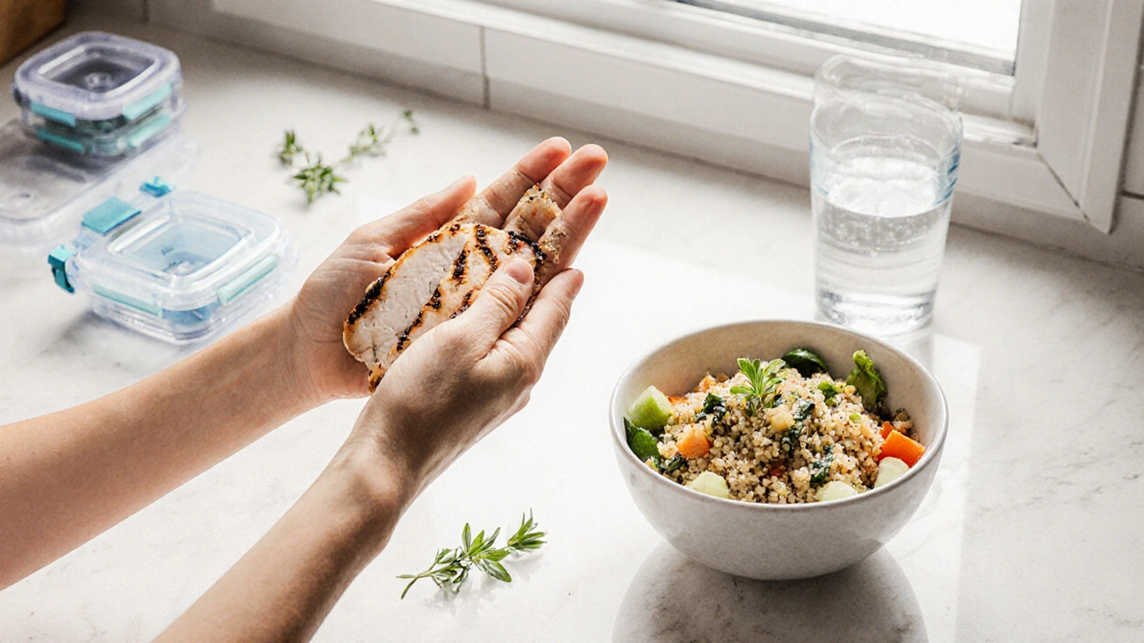 Příprava snídaně: ruka měří porci kuřete, quinoa salát, připravené krabičky a sklenice vody.