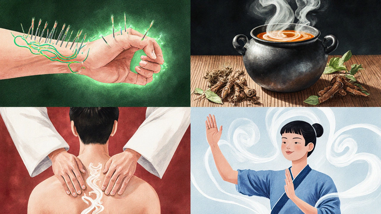 Různé terapie čínské medicíny – akupunktura, byliny, tuina masáž a qigong – zobrazené v jedné ilustraci.