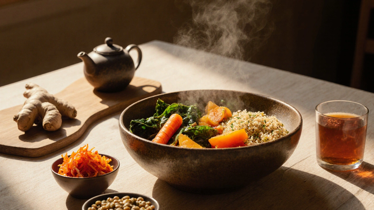 Skleněná miska s dušenou zeleninou, quinoa, čočkou, kimchi a zázvorem, podjemně zářící.