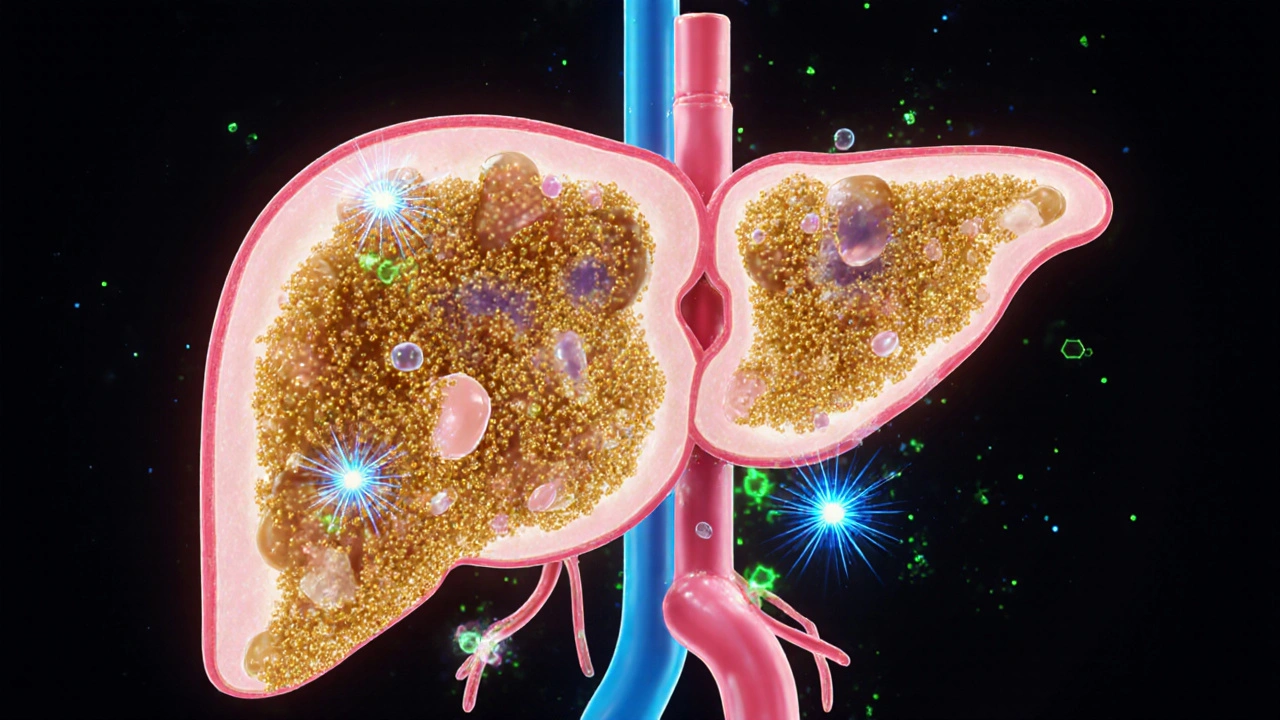 Stylizovaná játra s jasnými zobrazeními glykogenu, cholesterolu, proteinů a detoxikačních enzymů.