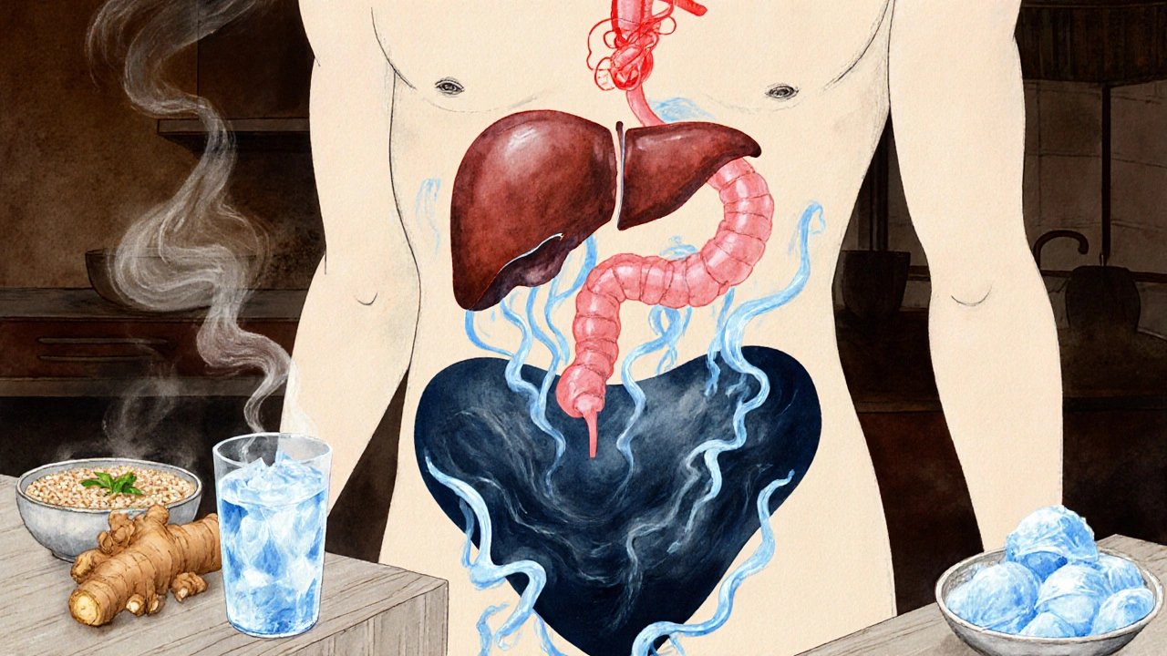 Symbolický obraz hromadění vlhkosti a studena v břiše, v kontrastu s teplými potravinami.