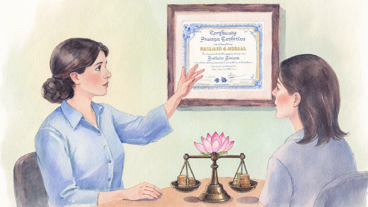 Terapeut ukazuje certifikát pacientovi, vedle jsou váhy s mincemi a lotosem, symbolizující poměr cena‑zdraví.