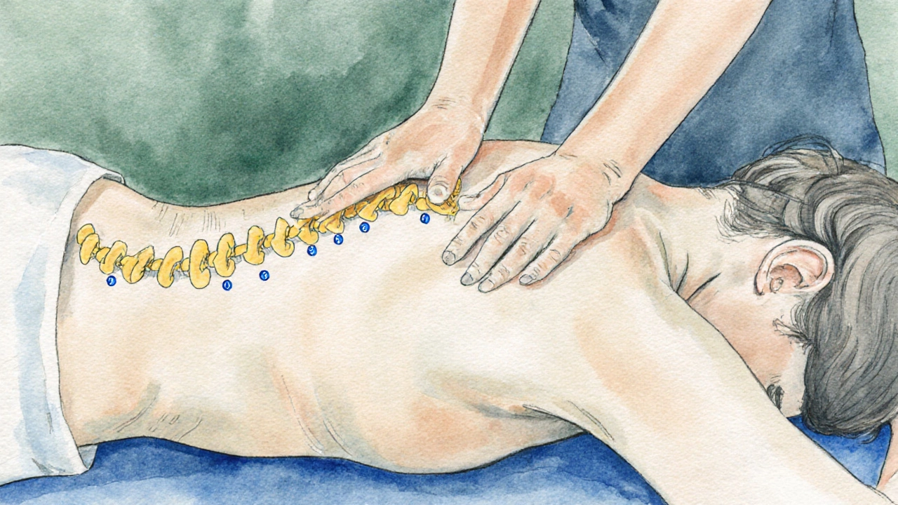 Vodovážová ilustrace zad s rukama provádějícími švédskou masáž a zvýrazněnými akupresurními body.