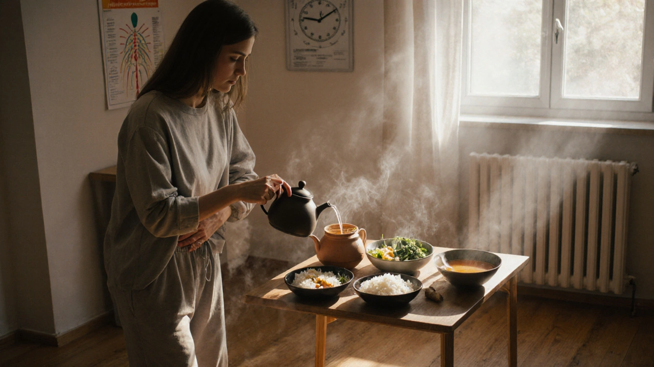 Žena připravuje teplý zázvorový čaj ráno, poblíž teplých, vařených potravin.