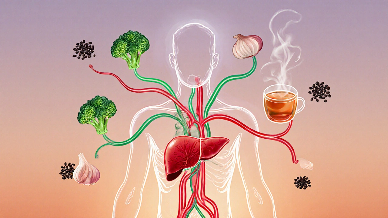 Abstraktní vize toku energie chi v těle, spojená s jaterně podporujícími potravinami jako sezam, česnek a brokolice.