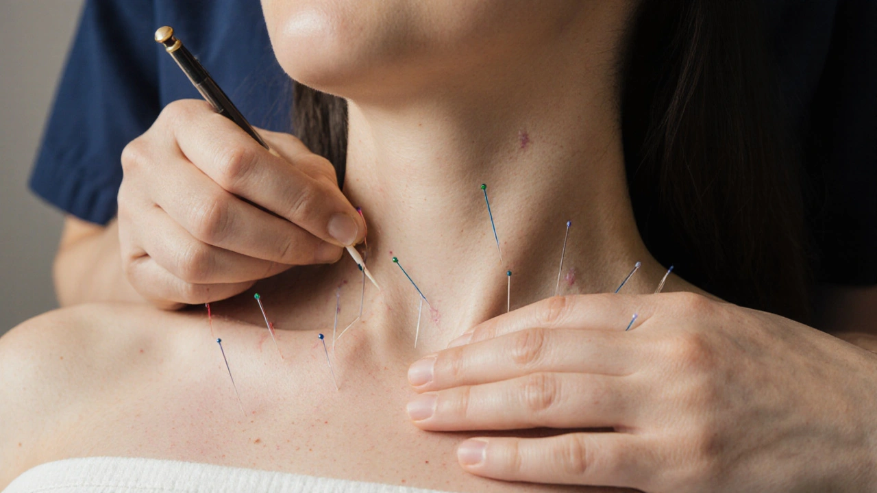 Akupunkturista vkládá jehly do bodů na krku a ruce pacienta v klidné klinice.