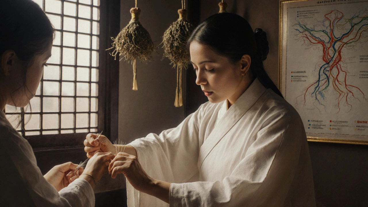 Čínský lékař vpichuje jehly do paže pacienta při sledování pulsu.