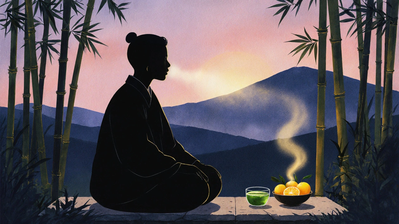 Člověk sedí v klidu v čínské zahradě při západu slunce, před ním mírně kouří čaj a citrusové ovoce.