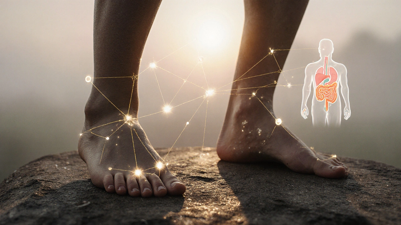 Dvě nohy na kameni s osvětlenými body, které jsou spojeny zlatými vlákny s orgány v pozadí, symbolizující reflexologii.