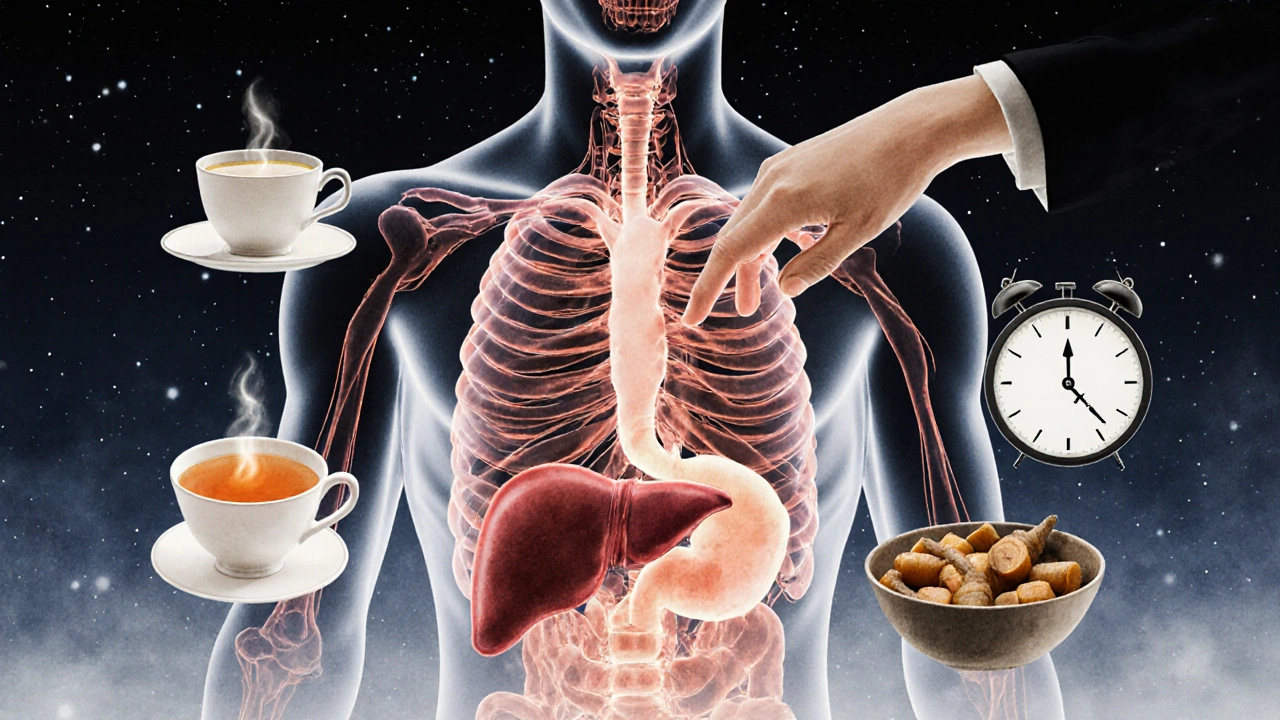 Grafické znázornění toku energie chi v břišní oblasti s klíčovými prvky čínské medicíny.