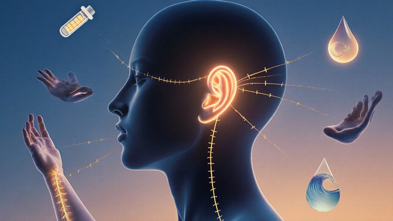 Koncepční obrázek uší s zlatými vlákny propojujícími je s ostatními částmi těla, symbolizujícími akupunkturní meridiány.