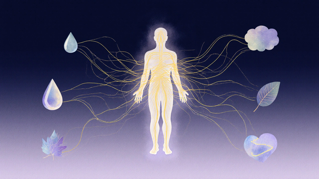 Konceptuální obrázek lidského těla s energetickými cestami, symbolizující obnovu a rovnováhu.