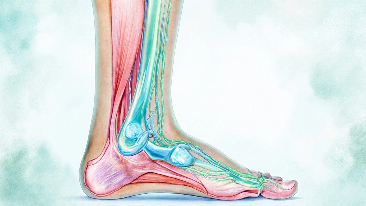 Křížový řez nohy s průhledným pohybem lymfy směrem k pánvi.