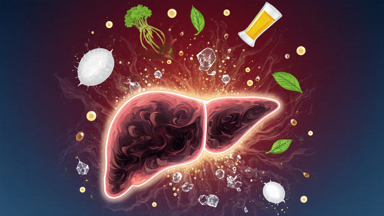 Léčivý játro obklopené toxiny a čistými potravinami v surrealním stylu.