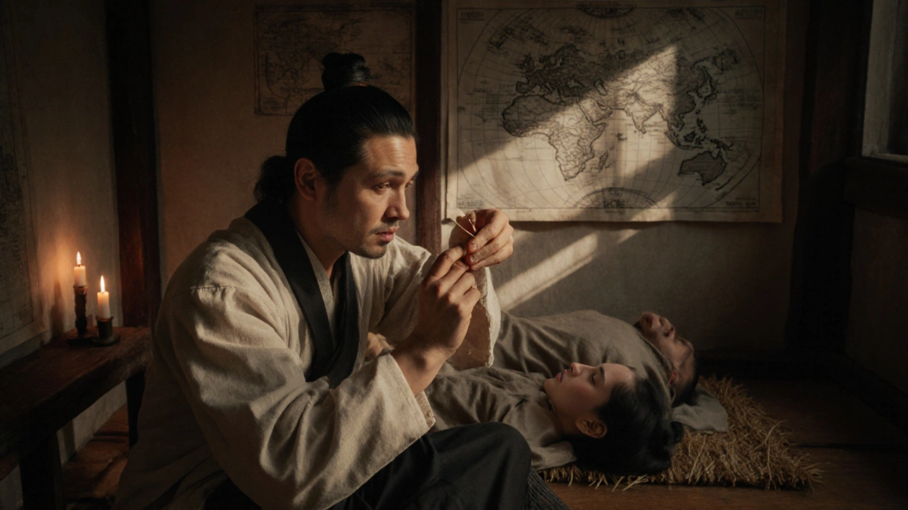 Lékař v dynastii Chan vkládá bronzuovou jehličku do ruky pacienta v klidné atmosféře.