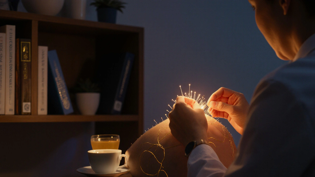 Moderní český akupunkturista léčí pacienta jehličkami s jemným zářivým efektem energie.