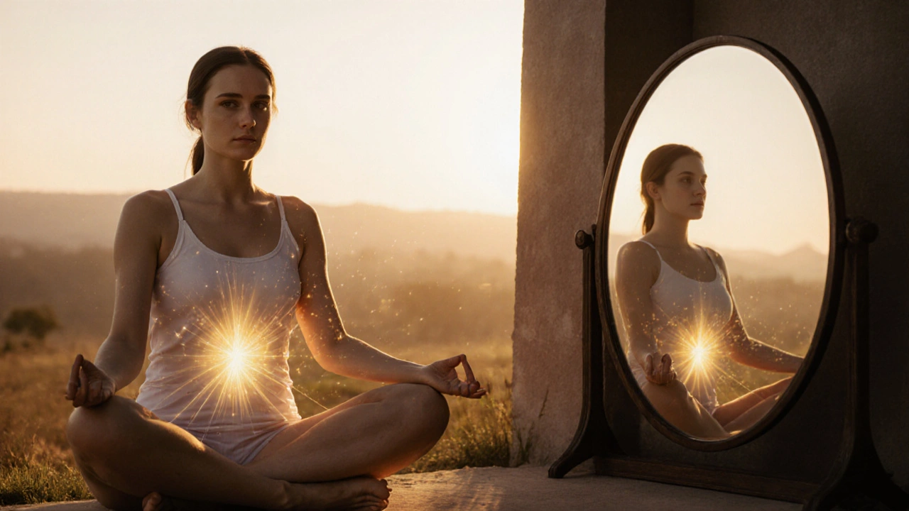 Muž meditující na východě slunce, jeho tělo vyzařuje klid a vnitřní světlo.