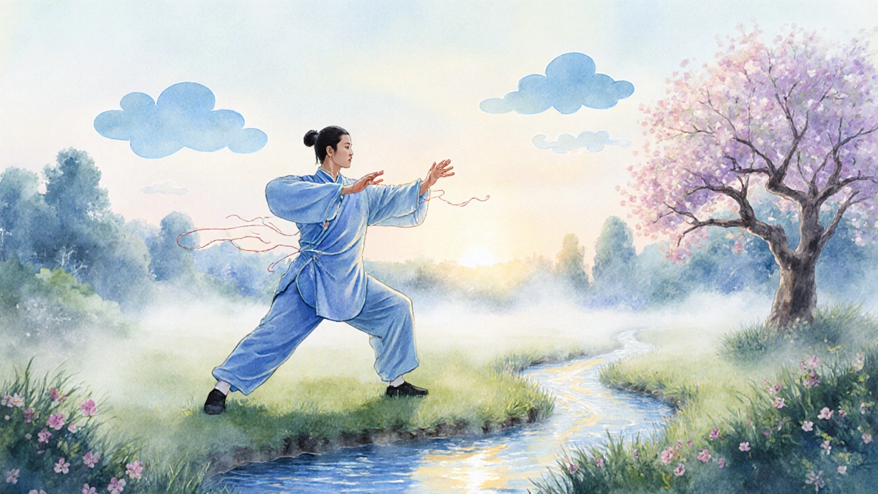 Osoba cvičí Tai Chi na zahradě při východu slunce s viditelným tokem energie.