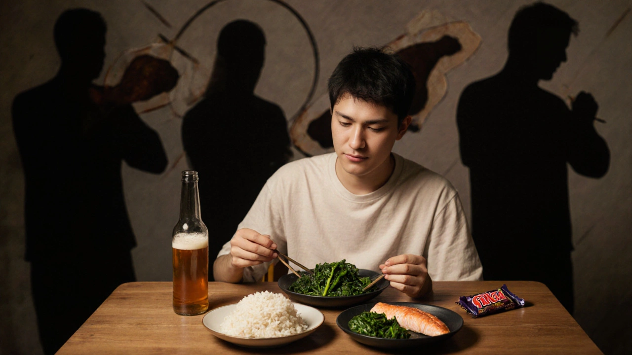 Osoba konzumující jednoduché jídlo při jaterní dietě s potlačenými zakázanými potravinami v pozadí.