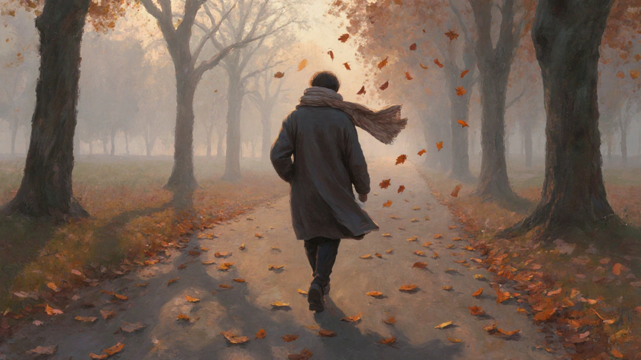 Osoba pomalu prochází klidným parkem ráno, má šálek kolem krku a vyhýbá se chladu.