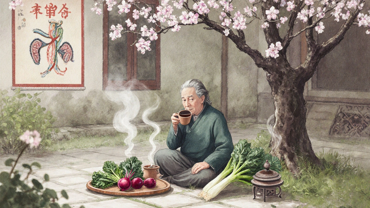 Osoba sedící v zahradě pod kvetoucí plumovníkem, pije fermentovaný černý čaj, kolem ní čerstvé zeleniny.