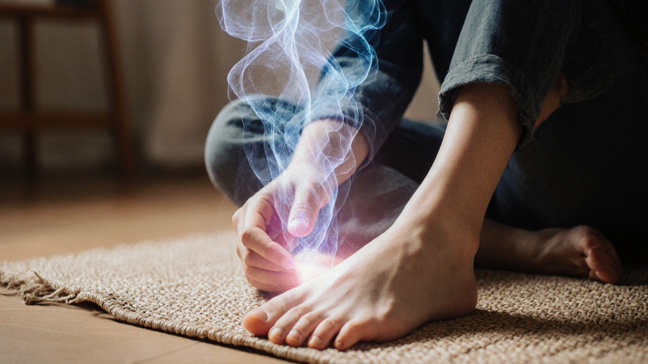 Person gently pressing their foot while energy waves rise toward the body in calm home setting.