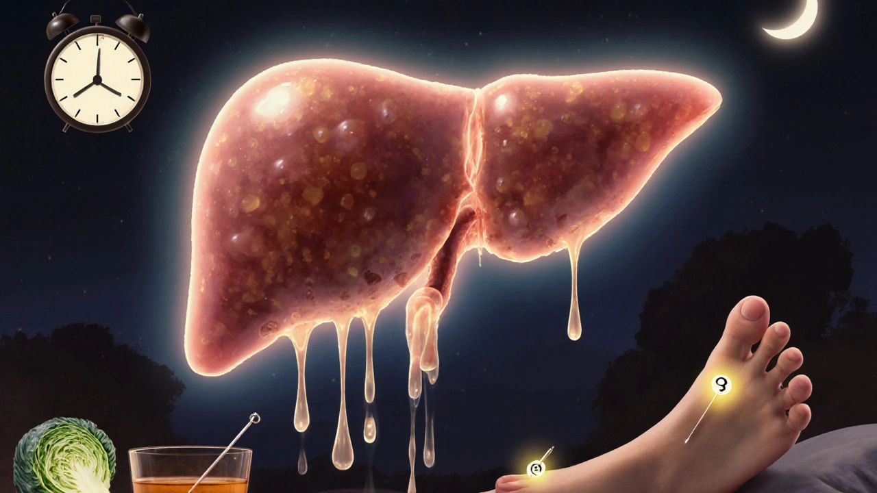 Představa jater, kde tuk mizí jako voda, s symboly čínské medicíny jako akupunktura, čas spánku a kvasené zelí.