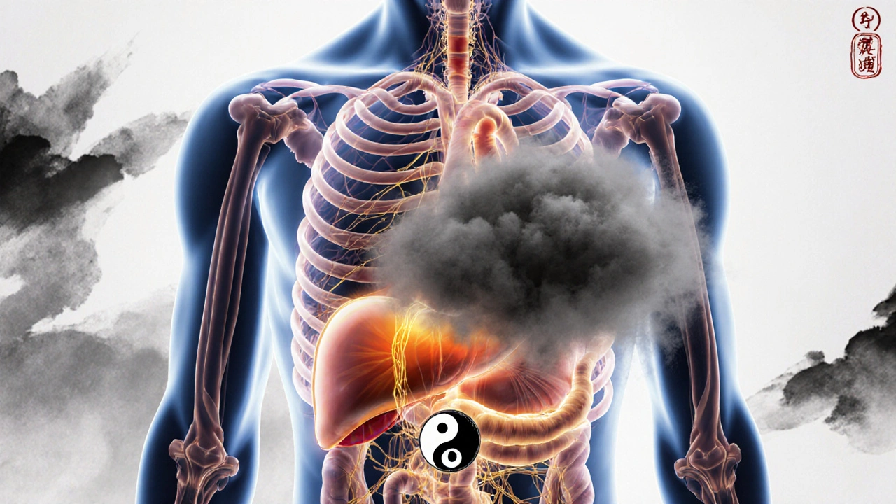 Průřez tělem s viditelným tokem energie čistícím vlhkost z břicha.