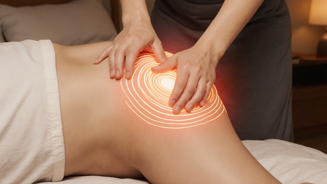 Ruce masírují hýždě hlubokými kruhovými pohyby na boku.