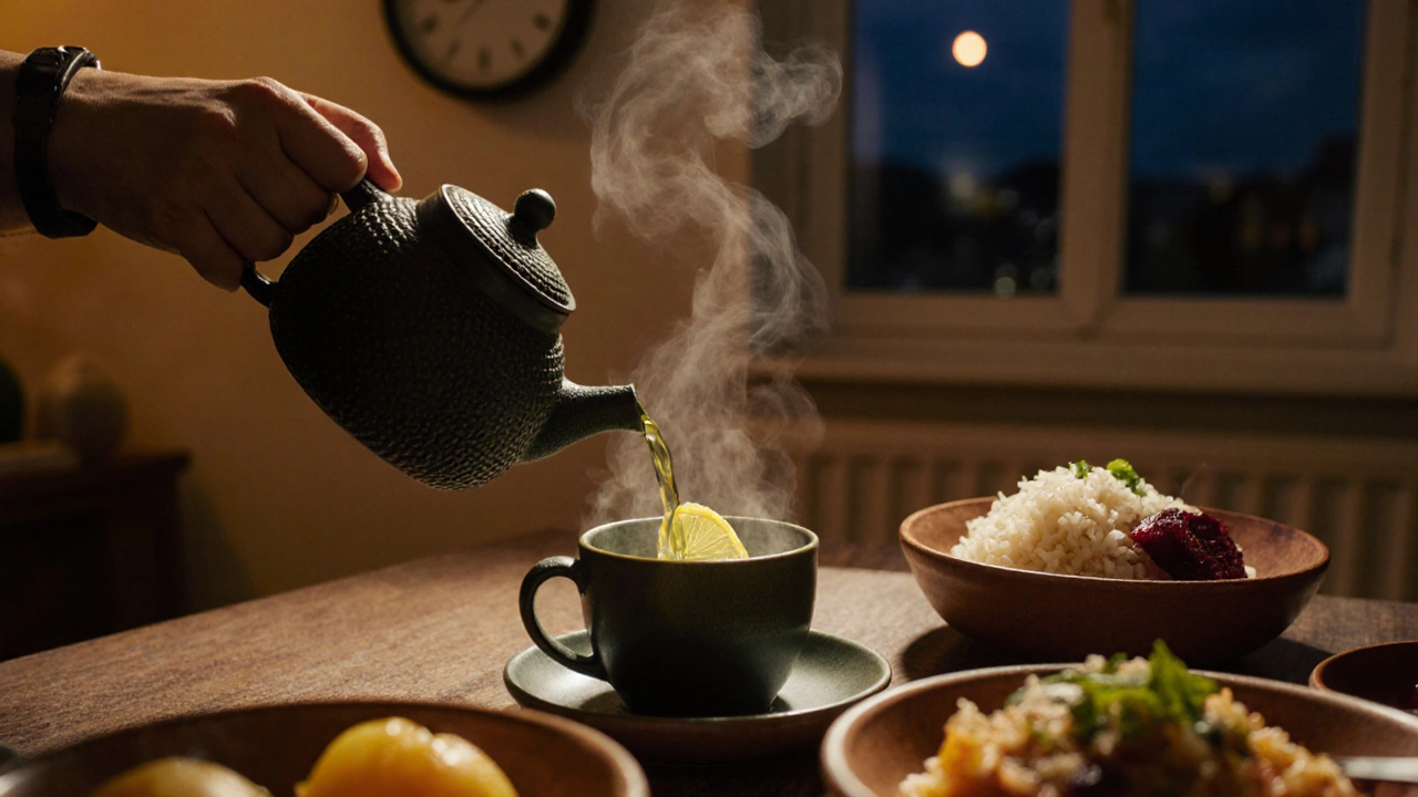 Teplý zelený čaj s kůrou citrónu a teplé jídlo na stole před spaním.