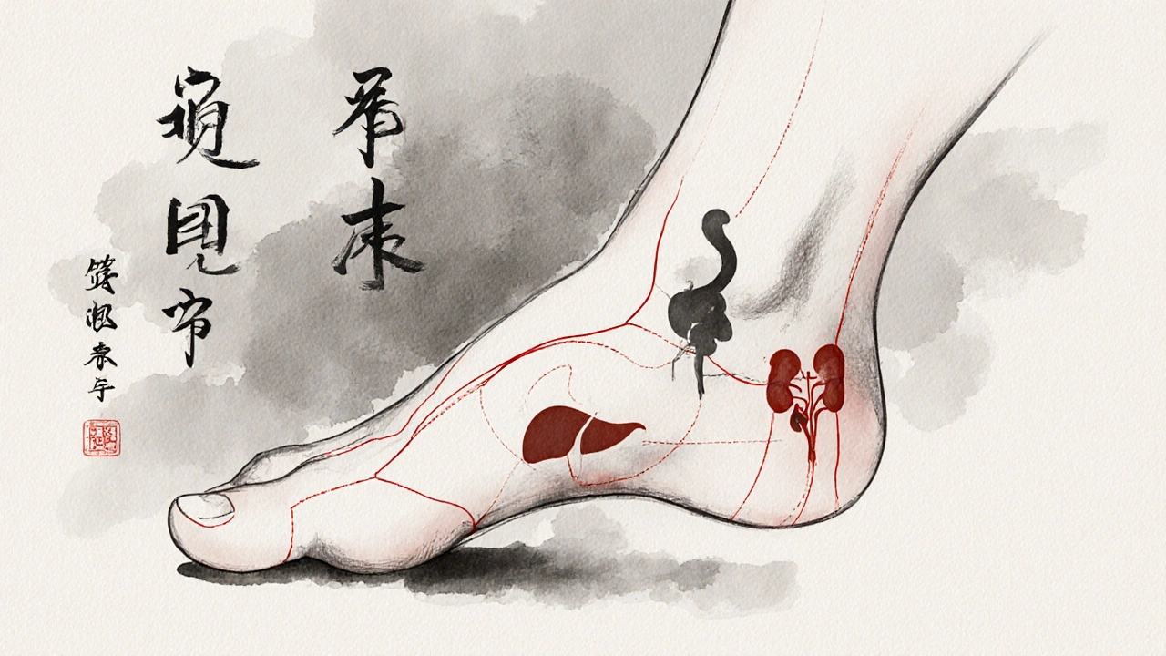 Traditional Chinese ink painting of a foot with meridians connected to organ silhouettes.