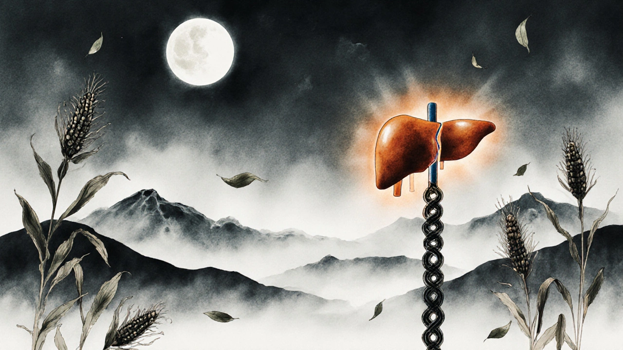 Umělecké znázornění toku energie Qi k jaterům s akupresurním bodem na noze.