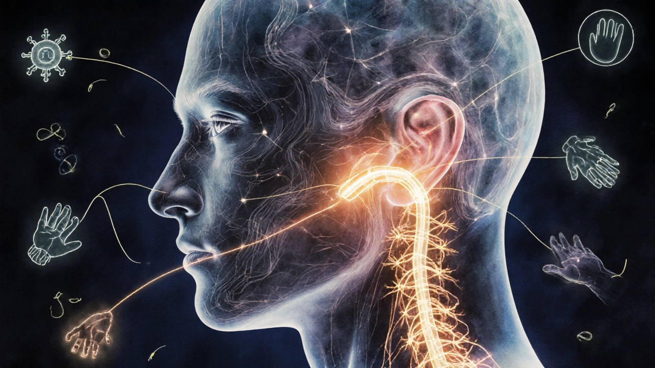 Vodová barva ilustrace ukazující zlaté energetické cesty spojující ucho s akupunkturními body.