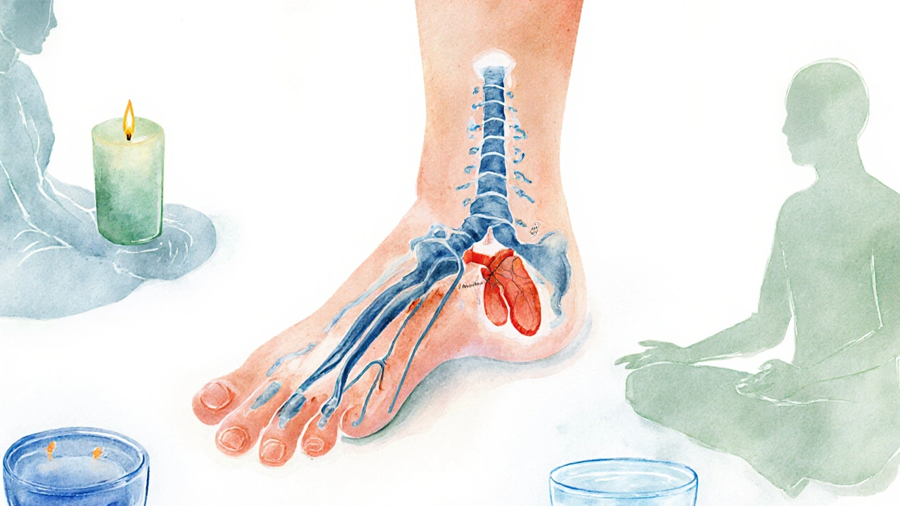 Vodová barva ilustrující mapa chodidla spojená s orgány těla, jemné linie představující léčebnou energii.